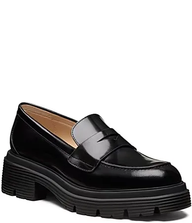 Hudson Lite High Shine Leather Block Heel Penny Loafers by Stuart Weitzman