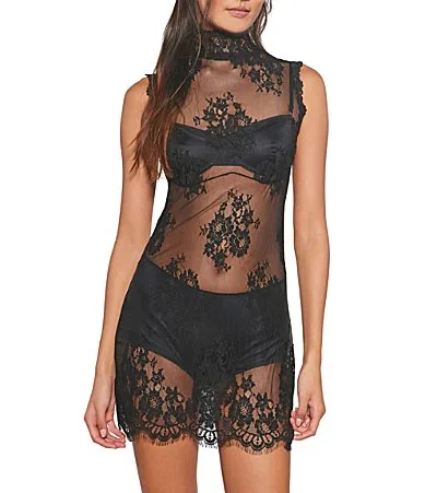 One More Time Sheer Lace High Neck Sleeveless Mini Slip Dress by Free People