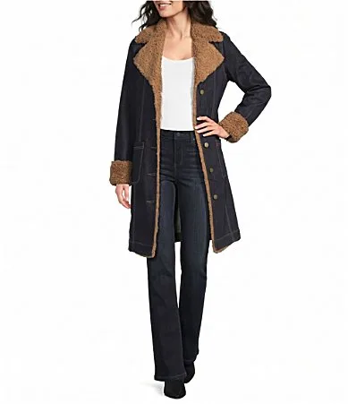 Sherpa Trimmed Denim Crosshatch Notch Lapel Long Sleeve Jacket by Liverpool Los Angeles