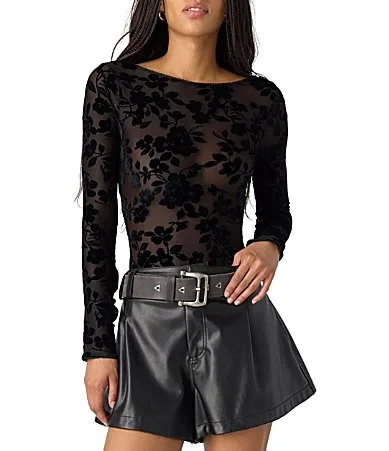 Loved You First Floral Jacquard Velvet Boat Neck Long Sleeve Bodysuit by Free People
