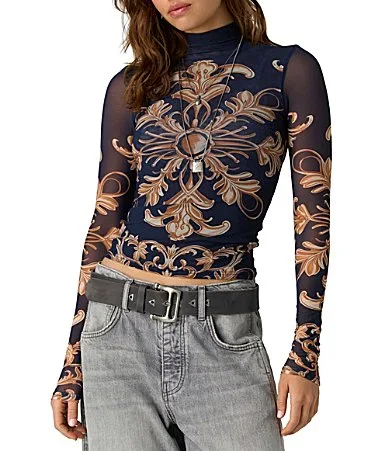 Jessa Printed Turtle Neck Long Sleeve Mesh Top by Free People