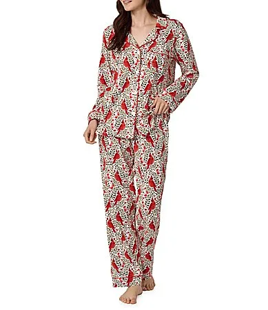 BedHead PJs x Rifle Paper Co. Cardinal Print Long Sleeve Notch Collar Jersey Knit Organic Cotton Long Pajama Set by Bedhead