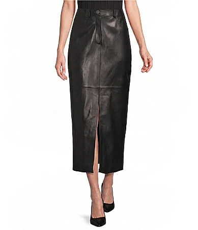 Willow Genuine Leather High Rise Pencil Belt Loop Midi Skirt