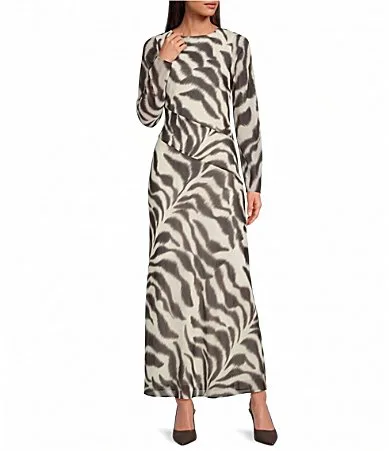 Rumi Zebra Printed Boat Neck Long Sleeve Chiffon Maxi Dress