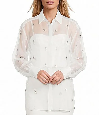 Priscilla Organza Sheer Jewel Embellished Point Collar Long Sleeve Button Front Coordinating Blouse by Antonio Melani