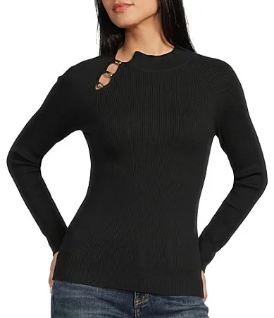 I.N. San Francisco Ribbed Knit Mock Neck Button Detailed Long Sleeve Sweater by In San Francisco