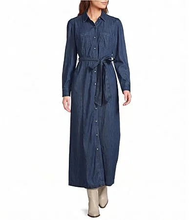 Denim Point Collar Belted Button Front Shirt Dress by The Normal Brand