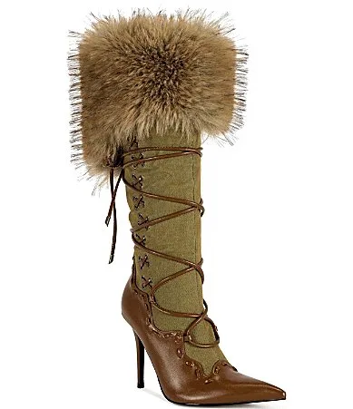 Ohara Faux Fur Cuff Wraparound Lacing Pointed Toe Tall Boots by Azalea Wang