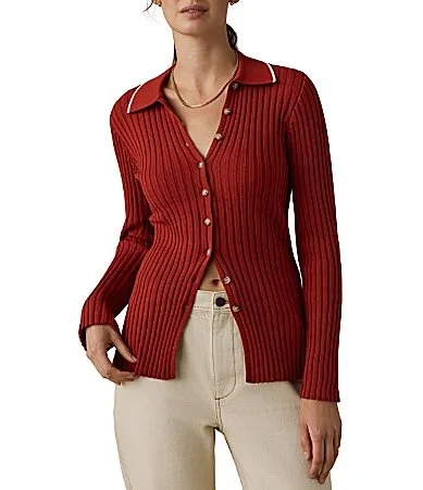Ribbed Knit Spread Collar Long Sleeve Cardigan by Faherty
