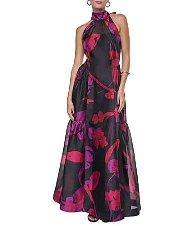 High Neck Halter Sleeveless Floral Printed Shimmer Organza Long Dress by Halston