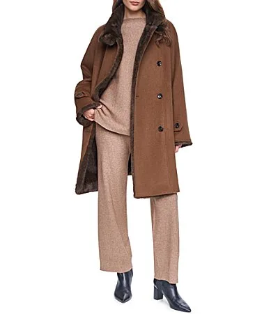 Wool Blend Faux Mink Funnel Asymmetrical Neck Double Breasted Swing Coat by Halston