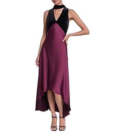 Velvet Satin Mixed Media Halter Neck Sleeveless High-Low Midi Dress by Halston