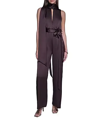 Sleeveless Keyhole Neck Flower Belt Satin Jumpsuit by Halston