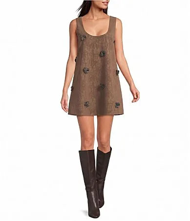 Hazel 3D Floral Round Neck Sleeveless A-Line Faux Suede Mini Dress by Line and Dot