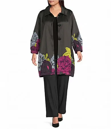 Woven Floral Placement Print Spread Collar Bracelet Sleeve Button-Front Bubble Jacket by Ic Collection