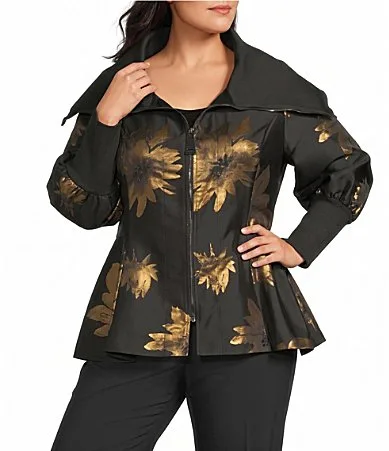 Metallic-Blend Golden Bloom Flower Print Stand Collar 34 Blouson Sleeve Zip-Up Jacket by Ic Collection