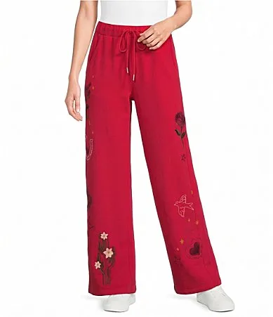 Beverly Soft Cotton Wild Flowers Embroidered Wide Leg Coordinating Sweatpants by Driftwood