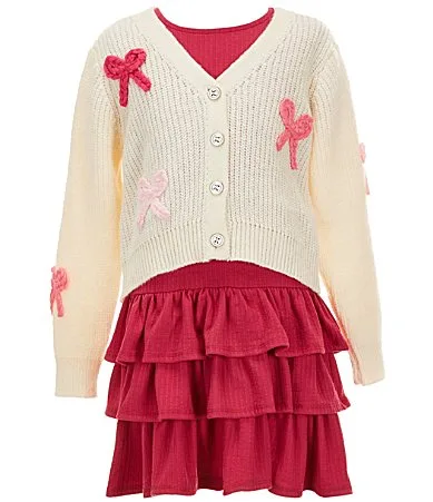 Long Sleeve Bow-Accented Cardigan Short-Sleeve Rib-Knit Dress Set by Rare Editions