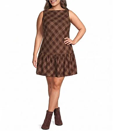 Lara Plaid Printed Boat Neck Sleeveless Drop Waist Mini Dress by Lucy