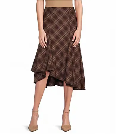 Mikey Plaid Printed Asymmetric Hem Midi Skirt
