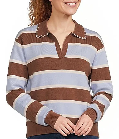 Rugby Striped Collared Split V-Neck Long Sleeve Sweater Knit Top by Skies Are Blue