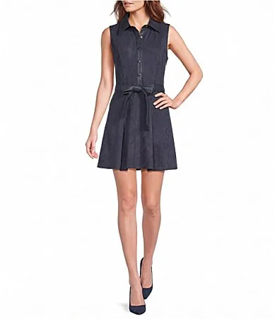 Faux Suede Collared Sleeveless Contrast Trim Belted Mini Dress by Skies Are Blue