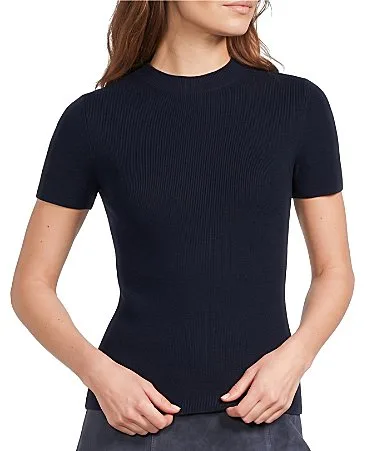 Mock Neck Short Sleeve Fitted Soft Knit Sweater Top by Skies Are Blue