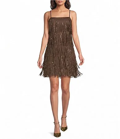 Hotfix Fringe Square Neck Sleeveless Faux Suede Mini Dress by Skies Are Blue
