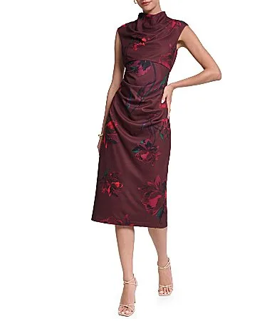 Floral Print Mock Neck Midi Sheath Dress