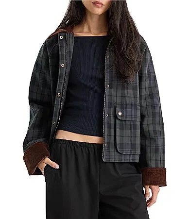 The Heritage Plaid Printed Corduroy Collared Long Sleeve Jacket by GOOD AMERICAN