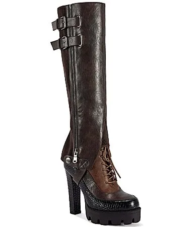 Cinder Gater Shaft Snake Embossed Detail Lug Platform Tall Boots by Azalea Wang