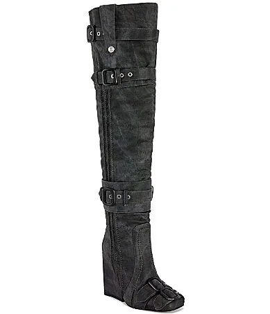 Trillion Buckle Strap Square Toe Over the Knee Boots by Azalea Wang