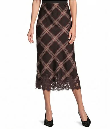 Christopher Plaid Straight Lace Trim Midi Skirt by Line and Dot