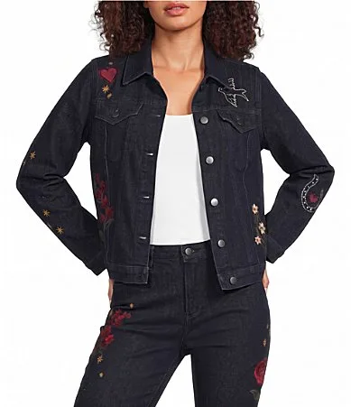 Wild Flower Embroidered Point Collar Long Sleeve Coordinating Trucker Jacket by Driftwood