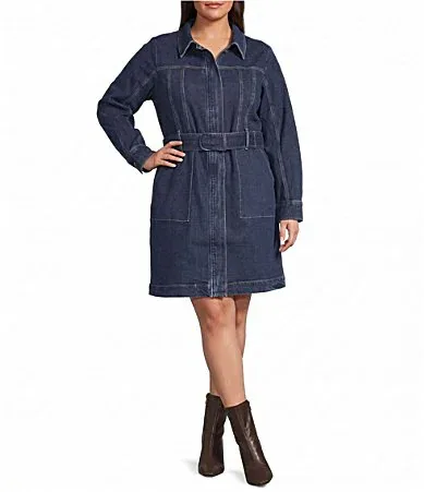 Collared V-Neck Long Sleeve Belted A-Line Denim Mini Dress by Skies Are Blue