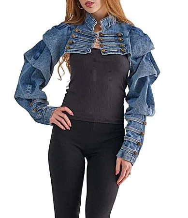 Merryn Denim Stand Collar Cropped Bolero Jacket by Azalea Wang