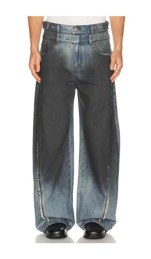 Double Waist Gradient Indigo Denim Trousers by Feng Chen Wang