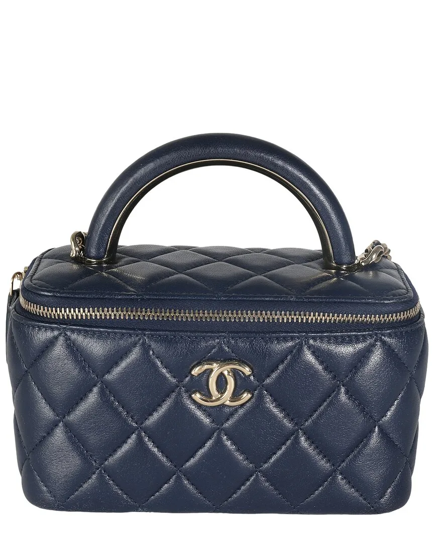 Blue Leather Quilted Top Handle Vanity Case with Chain (authentic Pre-Loved) by CHANEL