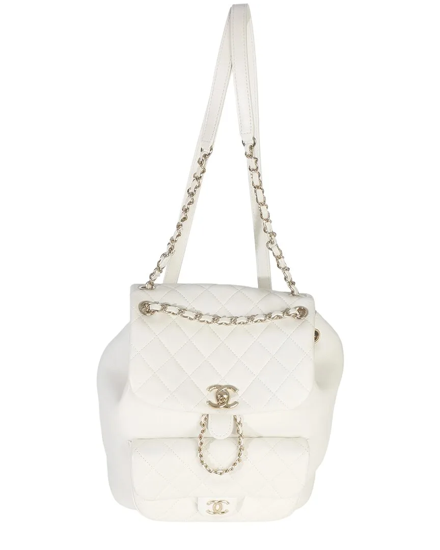White Leather Quilted Lambskin Small Duma Drawstring Backpack (authentic Pre-Loved) by CHANEL