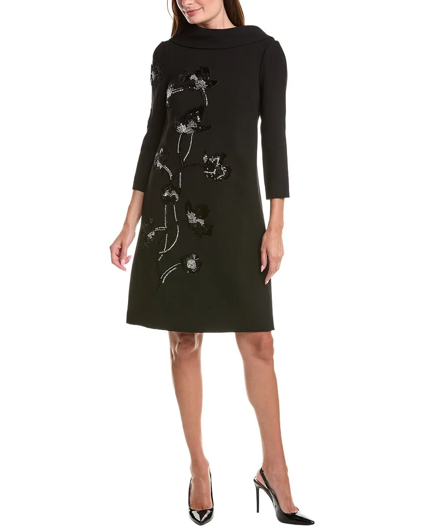Crepe Cowl Neck 3/4-Sleeve Beaded Flower Dress by Teri Jon