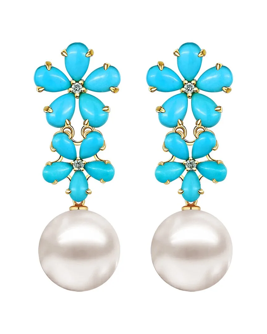 Nina Zhou Jewelry 14K 6.12 ct. tw. Diamond & Turquoise & 12-13Mm Pearl Drop Earrings