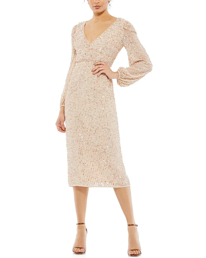 Mac Duggal Sequined Illusion Puff Sleeve V-Neck Midi Dress by M.A.C.