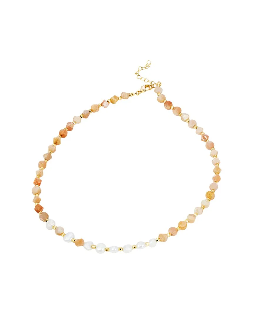 14K Plated Sunstone & 5-6Mm Pearl Beads Necklace