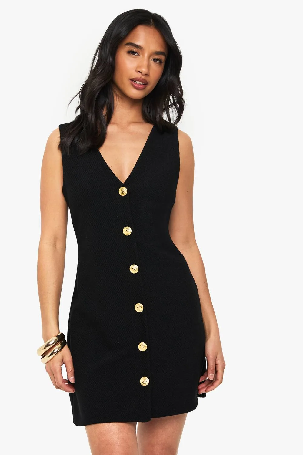 Gold Button V Neck Shift Dress by boohoo