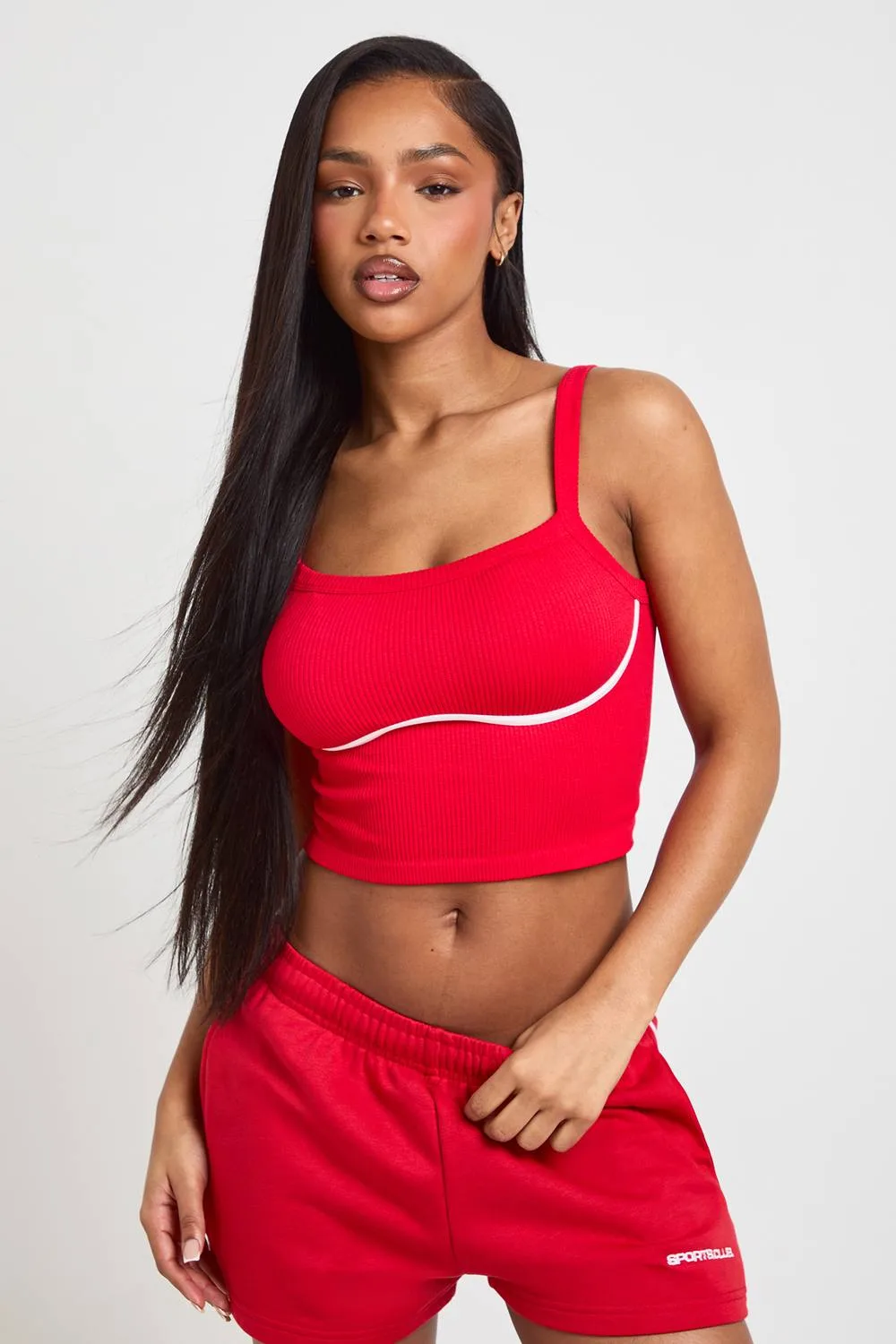 Contour Ribbed Seamless Contrast Binding Padded Sports Top by boohoo