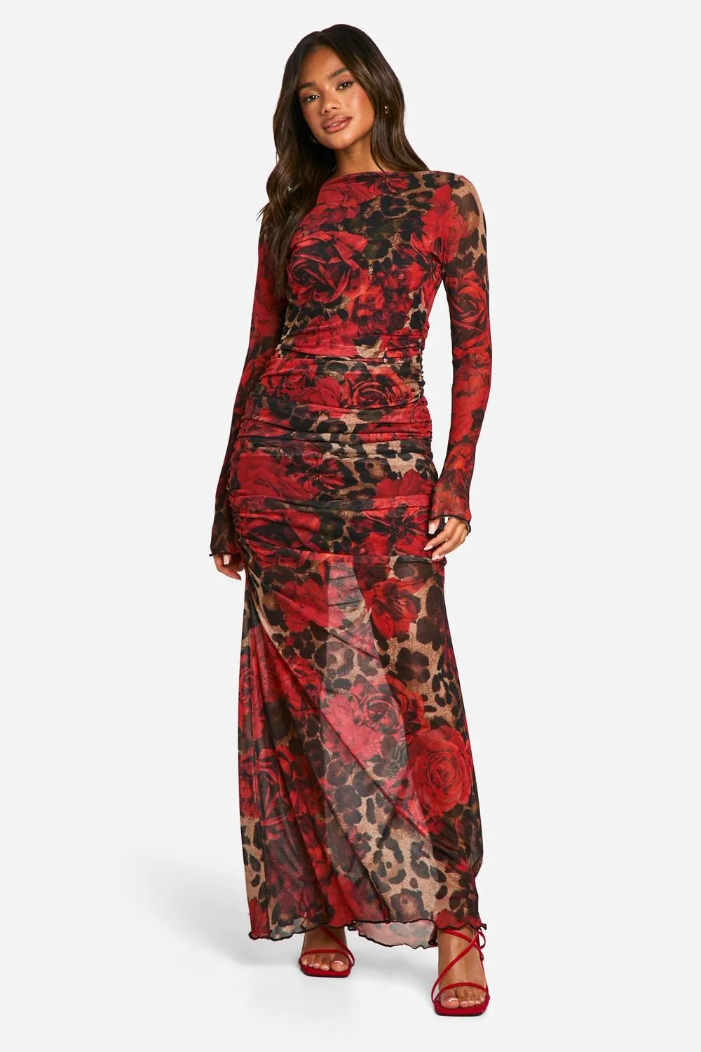 Mixed Leopard Ruched Mesh Maxi Dress by boohoo
