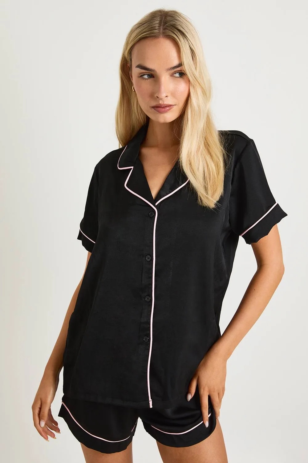 Satin Piping Detail Short Sleeve Shirt & Shorts Pyjama Set by boohoo