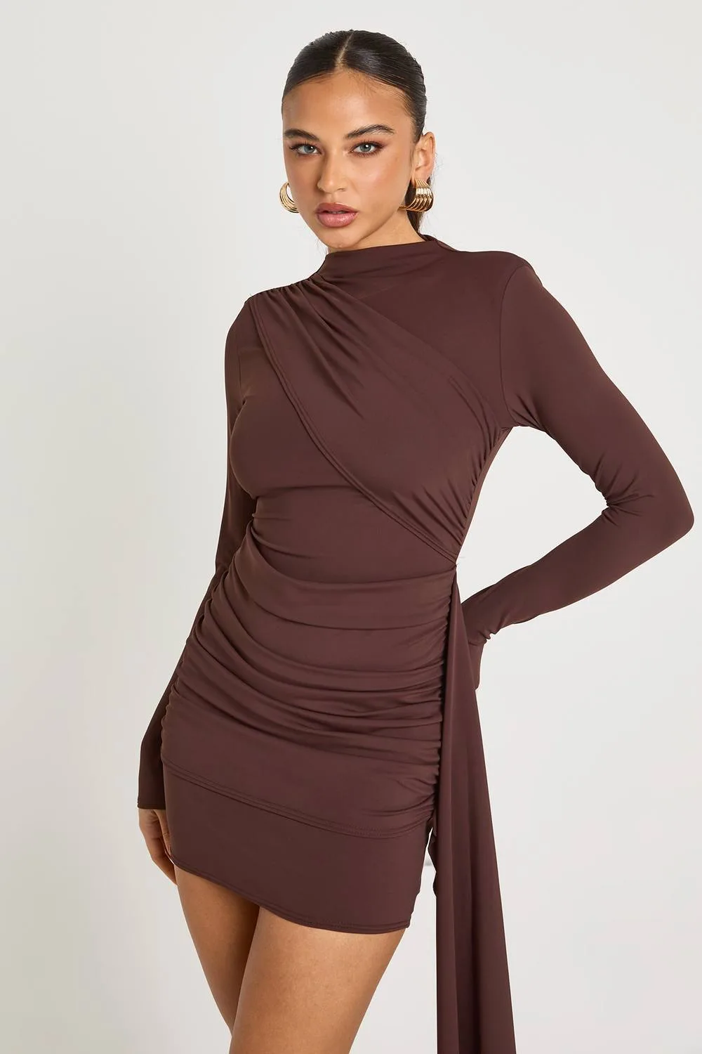 High Neck Drape Sculpt Slinky Mini Dress