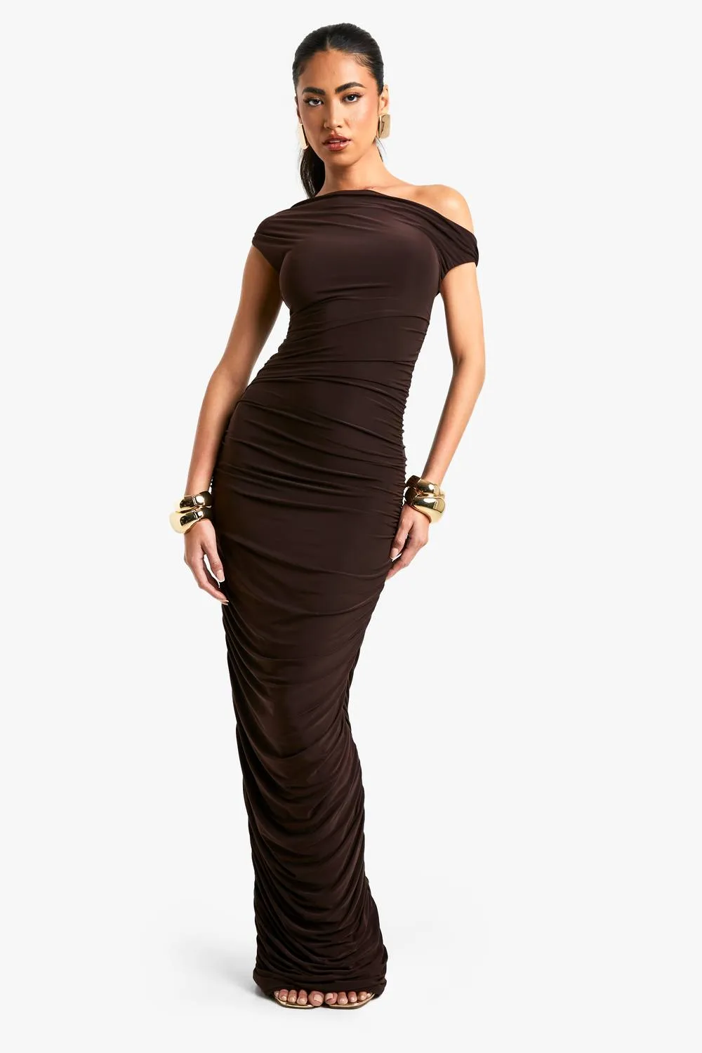 One Shoulder Asymmetric Ruched Maxi Dress