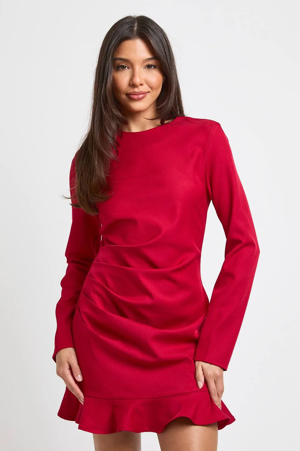 Ruched Ruffle Hem Mini Dress by boohoo